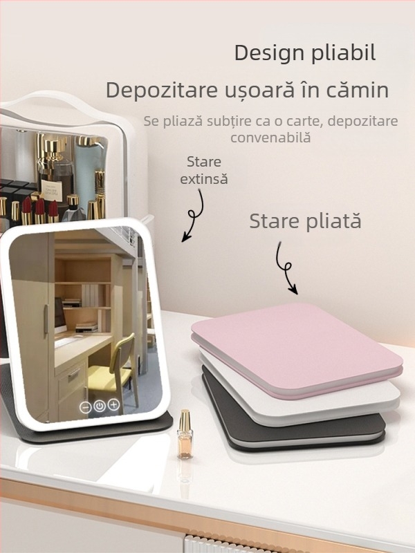 Oglindă de machiaj HD, lampă LED pentru birou, oglindă de toaletă pentru birou cu lampă, oglindă mică, pliabilă pentru cămin studențesc, produs nou