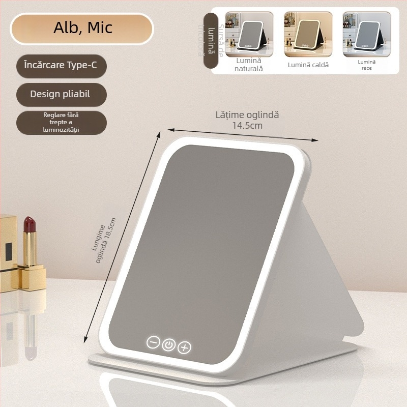 Oglindă de machiaj HD, lampă LED pentru birou, oglindă de toaletă pentru birou cu lampă, oglindă mică, pliabilă pentru cămin studențesc, produs nou
