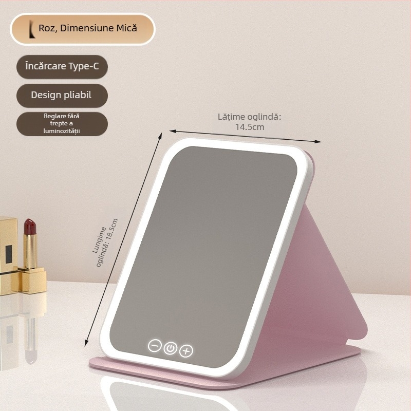Oglindă de machiaj HD, lampă LED pentru birou, oglindă de toaletă pentru birou cu lampă, oglindă mică, pliabilă pentru cămin studențesc, produs nou