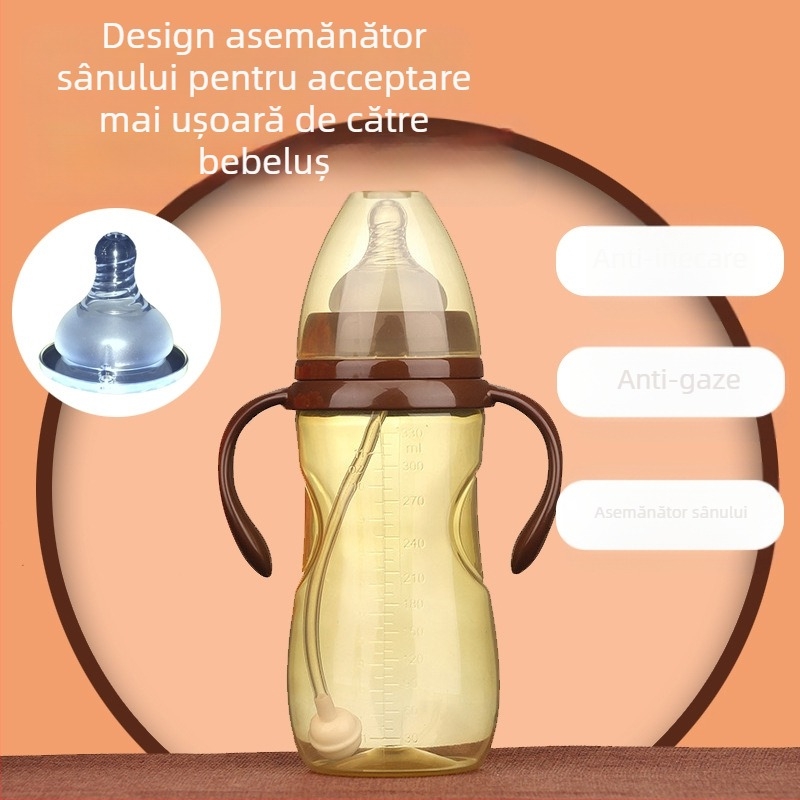 Biberon cu gură largă, rezistent la temperaturi ridicate, din plastic, care simulează laptele matern, recomandă rezistența la nou-născuți, anti-flatulență, anti-crăpături, cu mâner