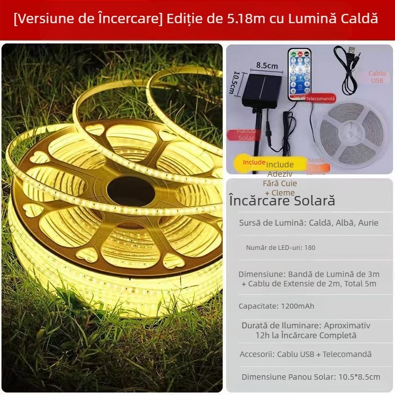 Lampă solară nouă cu bară de lumină LED pentru exterior, impermeabilă, super luminoasă, pentru curte, balcon, grădină, atmosferă, vilă, streașină