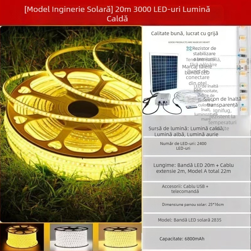 Lampă solară nouă cu bară de lumină LED pentru exterior, impermeabilă, super luminoasă, pentru curte, balcon, grădină, atmosferă, vilă, streașină
