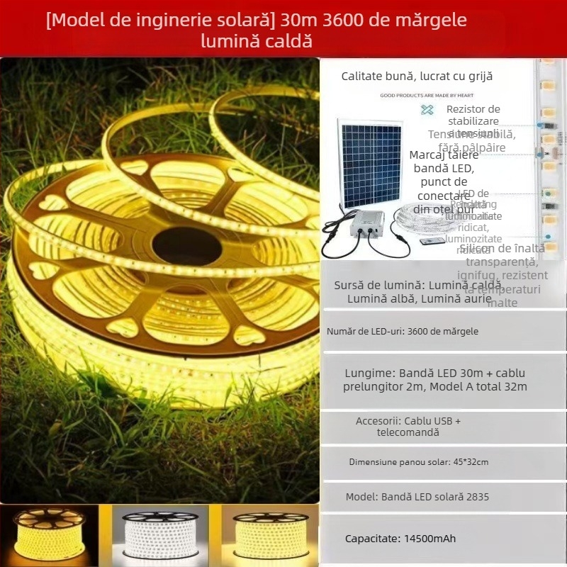 Lampă solară nouă cu bară de lumină LED pentru exterior, impermeabilă, super luminoasă, pentru curte, balcon, grădină, atmosferă, vilă, streașină