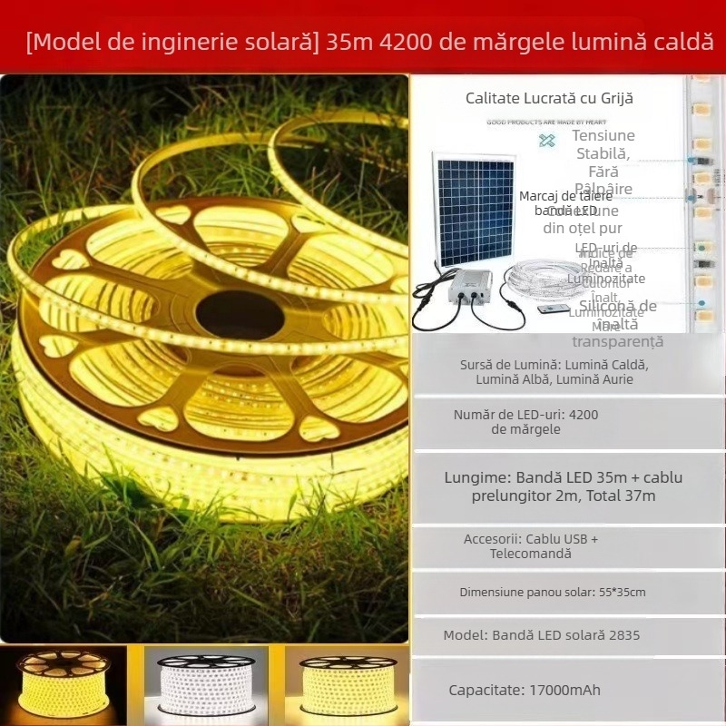 Lampă solară nouă cu bară de lumină LED pentru exterior, impermeabilă, super luminoasă, pentru curte, balcon, grădină, atmosferă, vilă, streașină