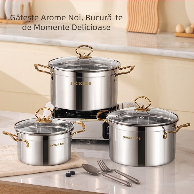 Set complet de 6 oale pentru supă binaurale transfrontaliere, din oțel inoxidabil, îngroșat, pentru uz casnic, SHENGBIDE