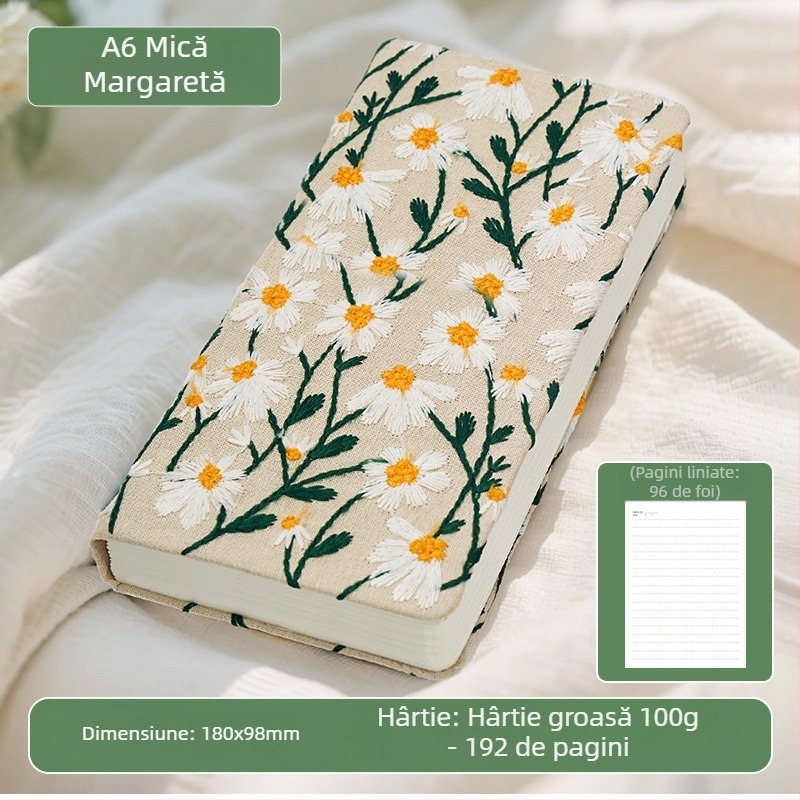 Manual, Jurnal literar cu broderie de margarete, Caiet mic acoperit cu pânză florală, Manual atractiv, Carte goală
