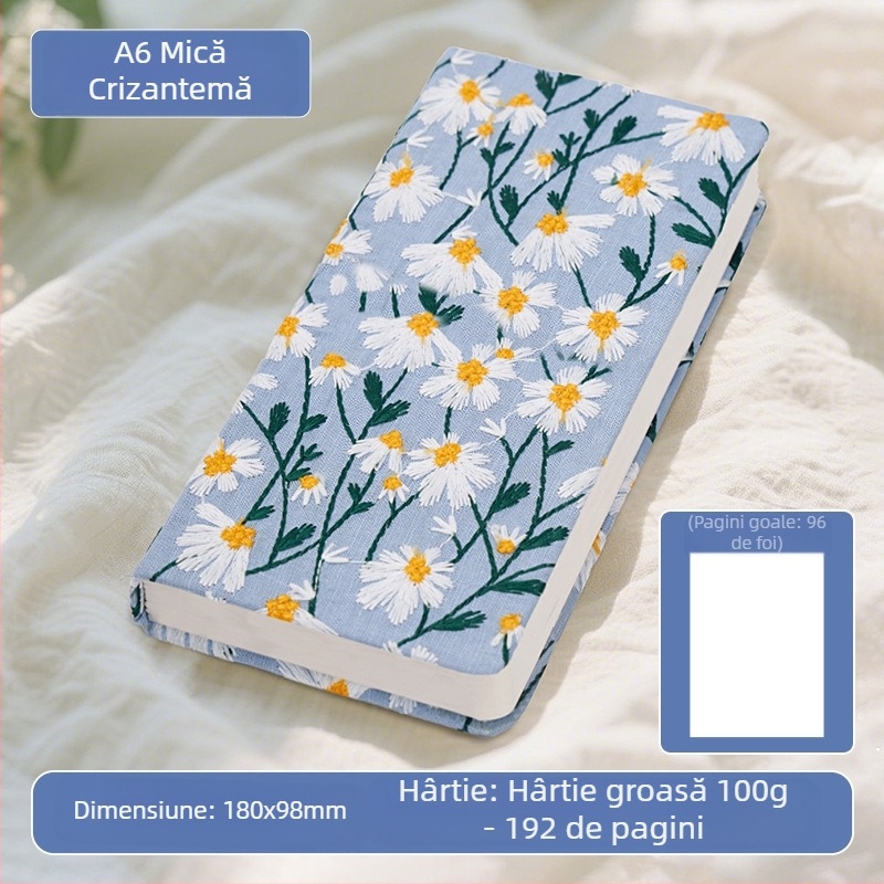 Manual, Jurnal literar cu broderie de margarete, Caiet mic acoperit cu pânză florală, Manual atractiv, Carte goală