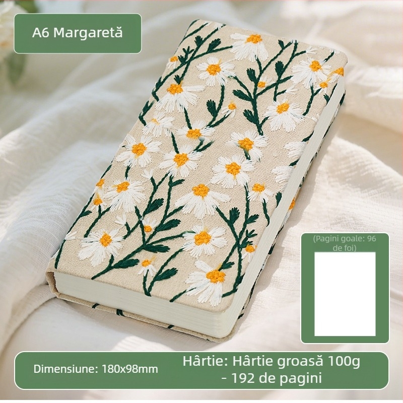 Manual, Jurnal literar cu broderie de margarete, Caiet mic acoperit cu pânză florală, Manual atractiv, Carte goală