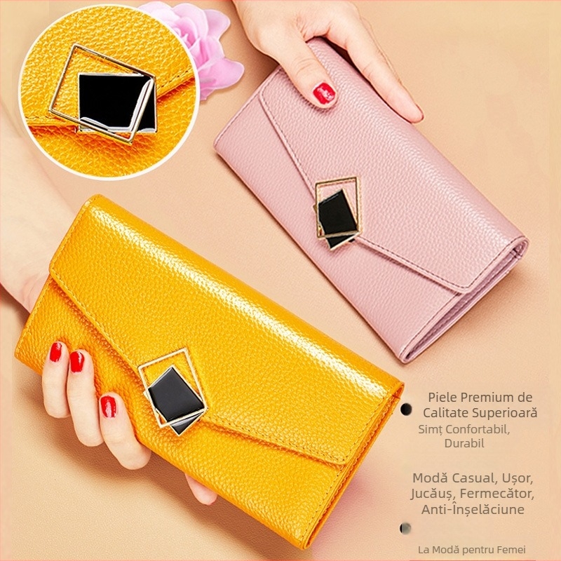 Portofel din piele naturală, din piele pură, lung, pentru femei, la modă, aduce bogăție și comori, galben, din piele moale, cu capacitate mare, sloturi multiple pentru carduri