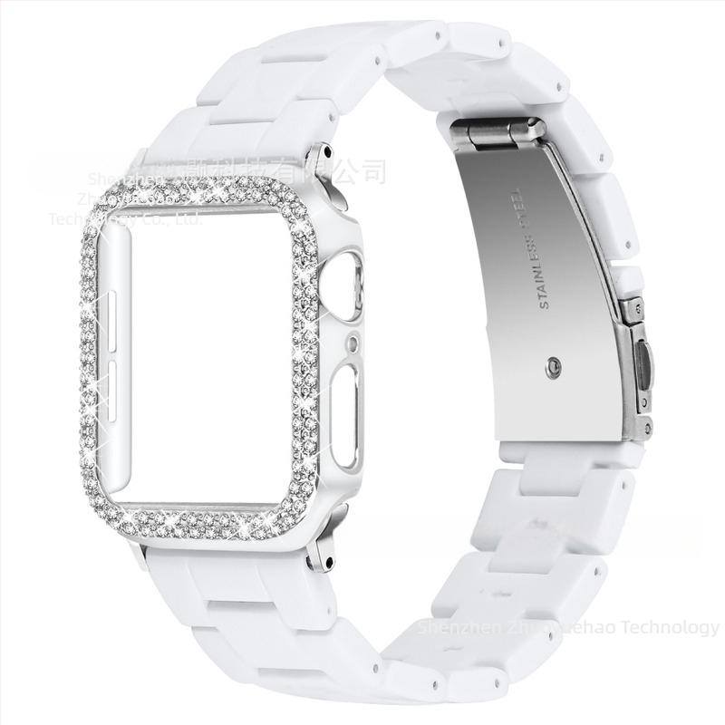 Compatibil cu Apple Watch9, curea din rășină Apple + carcasă bicoloră cu diamant PC, set all-in-one pentru iWatch