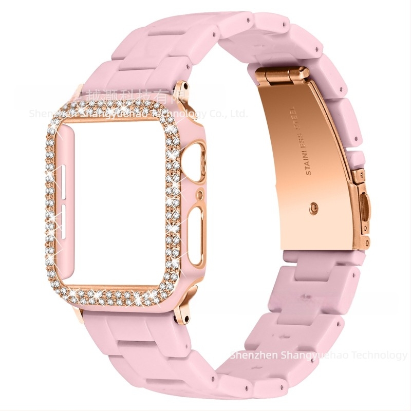 Compatibil cu Apple Watch9, curea din rășină Apple + carcasă bicoloră cu diamant PC, set all-in-one pentru iWatch