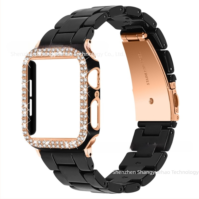 Compatibil cu Apple Watch9, curea din rășină Apple + carcasă bicoloră cu diamant PC, set all-in-one pentru iWatch