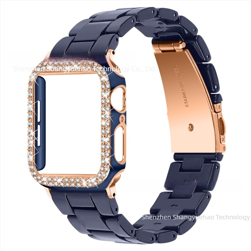 Compatibil cu Apple Watch9, curea din rășină Apple + carcasă bicoloră cu diamant PC, set all-in-one pentru iWatch