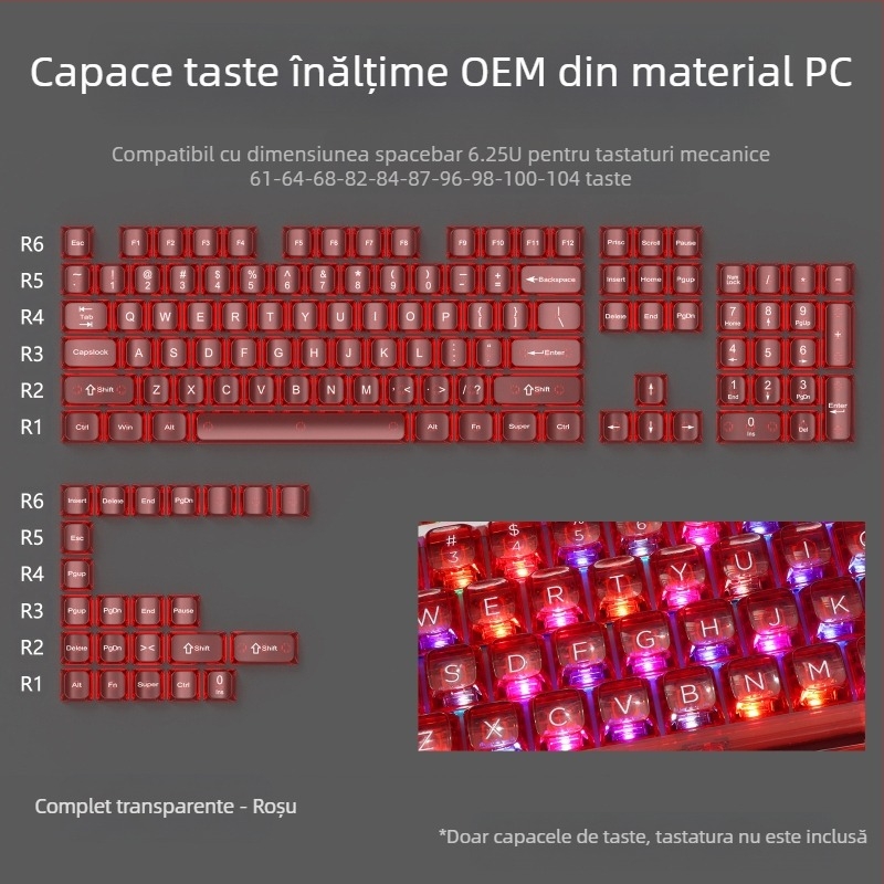 Capac cu bilă din marmură albă OEM, complet transparent, Wooting, roșu, transparent, pentru tastatură mecanică 61 75 98