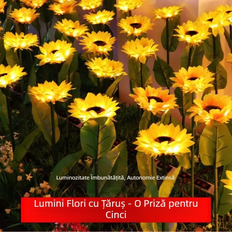 Felinare de podea cu LED-uri, cu conectare de la unu la cinci, cu model de floarea-soarelui, lumini decorative pentru grădină și curte, cu energie solară, iarbă
