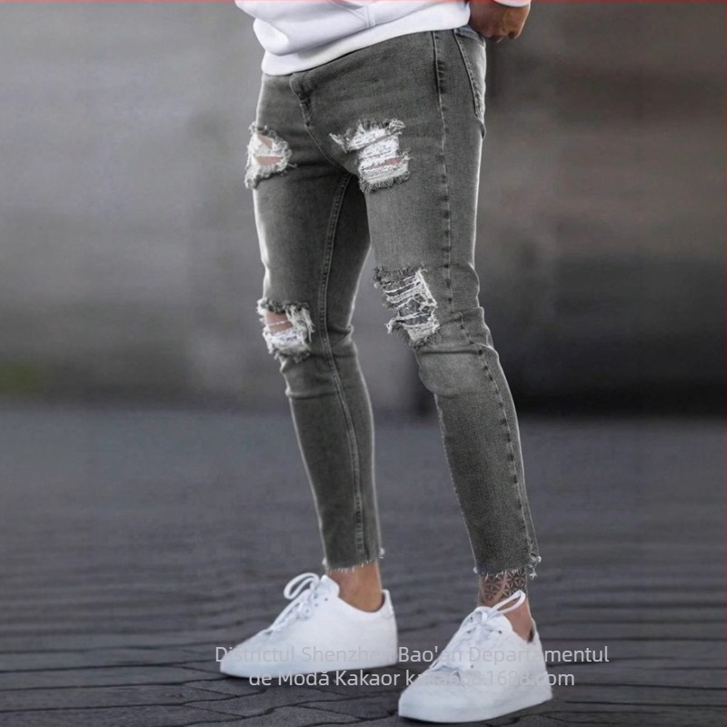 Shein comerț exterior transfrontalier Europa și Statele Unite blugi noi pentru bărbați, casual, slim fit, pantaloni rupți pentru bărbați, en-gros