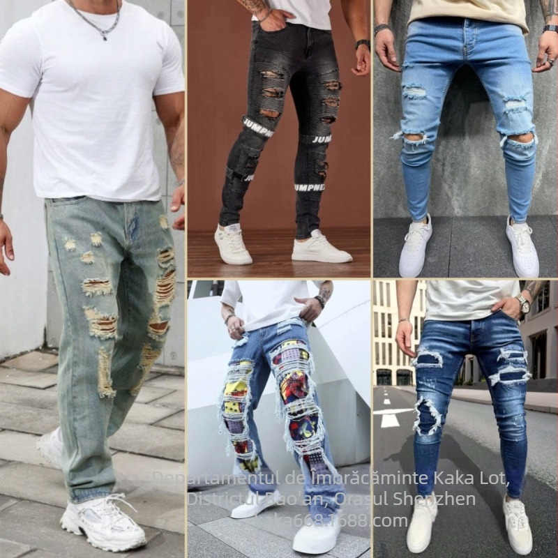 Shein comerț exterior transfrontalier Europa și Statele Unite blugi noi pentru bărbați, casual, slim fit, pantaloni rupți pentru bărbați, en-gros