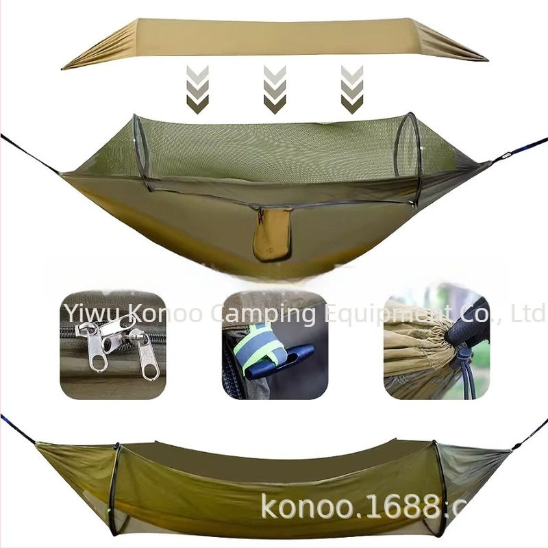 Hamac nou trei-în-unu, dublu anti-răsturnare, automat, cu balansare rapidă, plasă anti-țânțari, copertină de camping