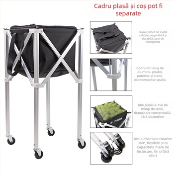 Cărucior de tenis pliabil din aliaj de aluminiu, cadru mobil pentru ridicarea mingii, geantă de depozitare, cadru portabil de mare capacitate pentru ridicarea mingii