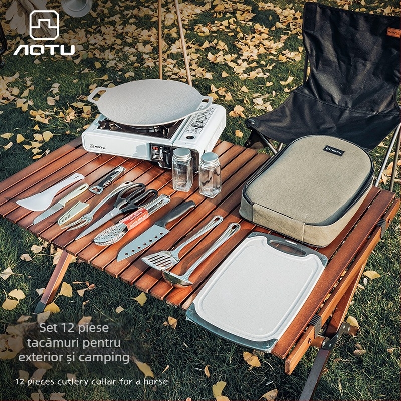 Set de 12 ustensile de bucătărie pentru exterior, din oțel inoxidabil, portabile, pentru echipamente de camping, pentru picnic, auto-conducere