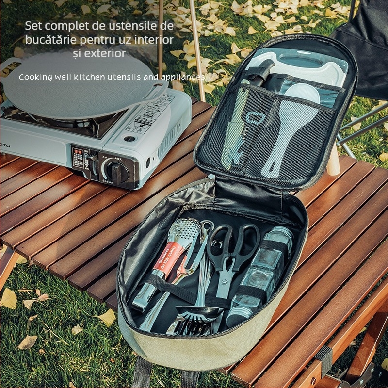 Set de 12 ustensile de bucătărie pentru exterior, din oțel inoxidabil, portabile, pentru echipamente de camping, pentru picnic, auto-conducere
