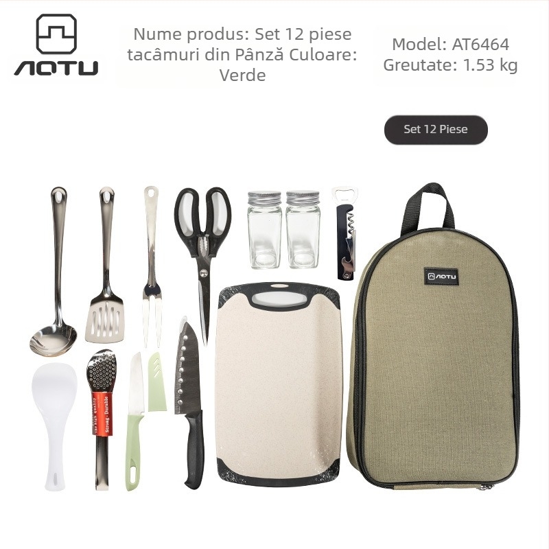 Set de 12 ustensile de bucătărie pentru exterior, din oțel inoxidabil, portabile, pentru echipamente de camping, pentru picnic, auto-conducere