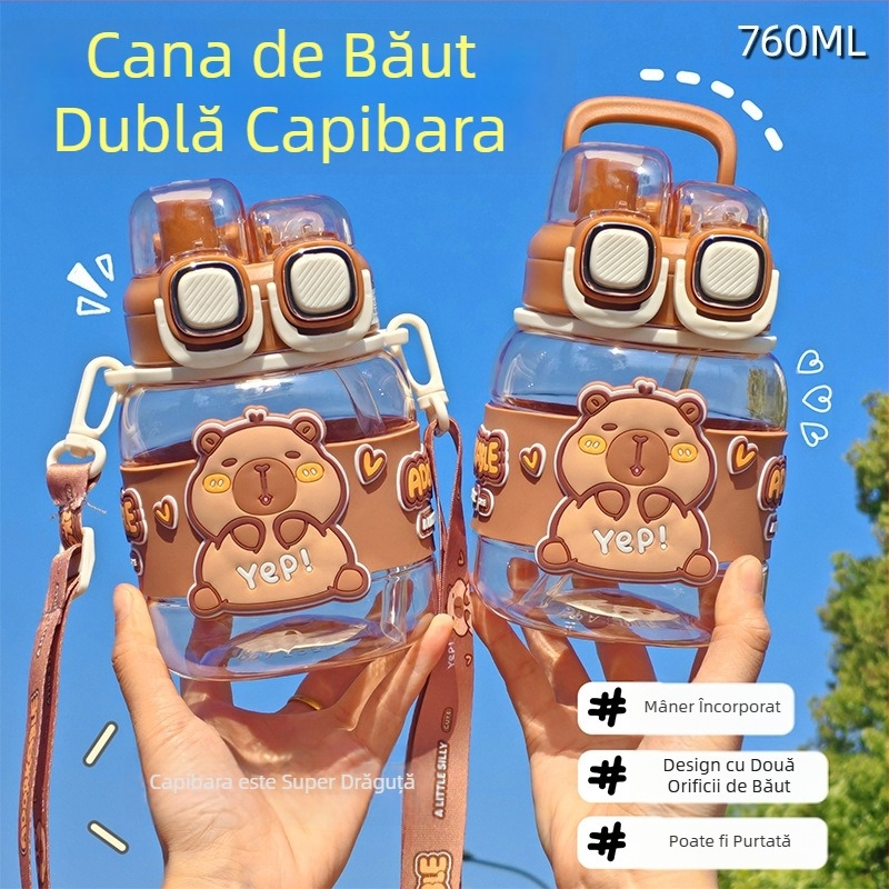 Kapibala, cană de apă cu cruce, cană dublă pentru studenți, cană de băut pentru școală, specială pentru vară, băieți și fete, portabilă, cu paie de mare capacitate