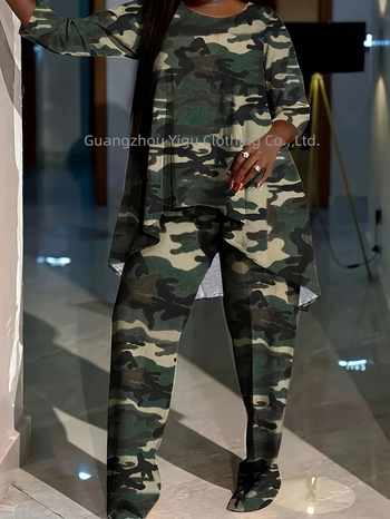 Costum casual Plus Size pentru femei, set de două piese, cu guler rotund asimetric, scurt față și spate, bluză și pantaloni lejeri