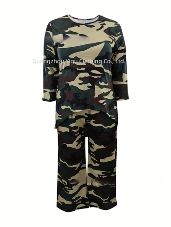 Costum casual Plus Size pentru femei, set de două piese, cu guler rotund asimetric, scurt față și spate, bluză și pantaloni lejeri