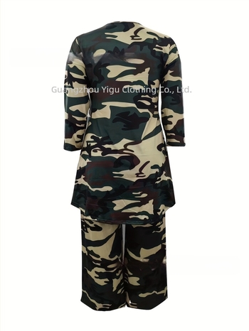 Costum casual Plus Size pentru femei, set de două piese, cu guler rotund asimetric, scurt față și spate, bluză și pantaloni lejeri