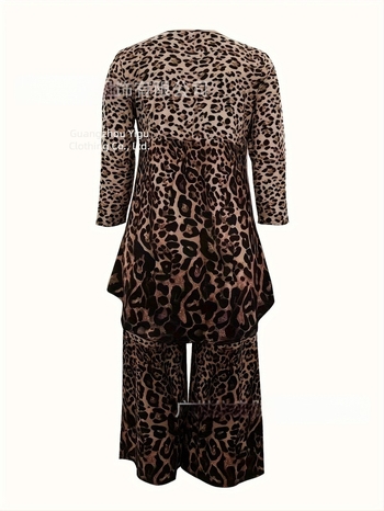 Costum casual Plus Size pentru femei, set de două piese, cu guler rotund asimetric, scurt față și spate, bluză și pantaloni lejeri