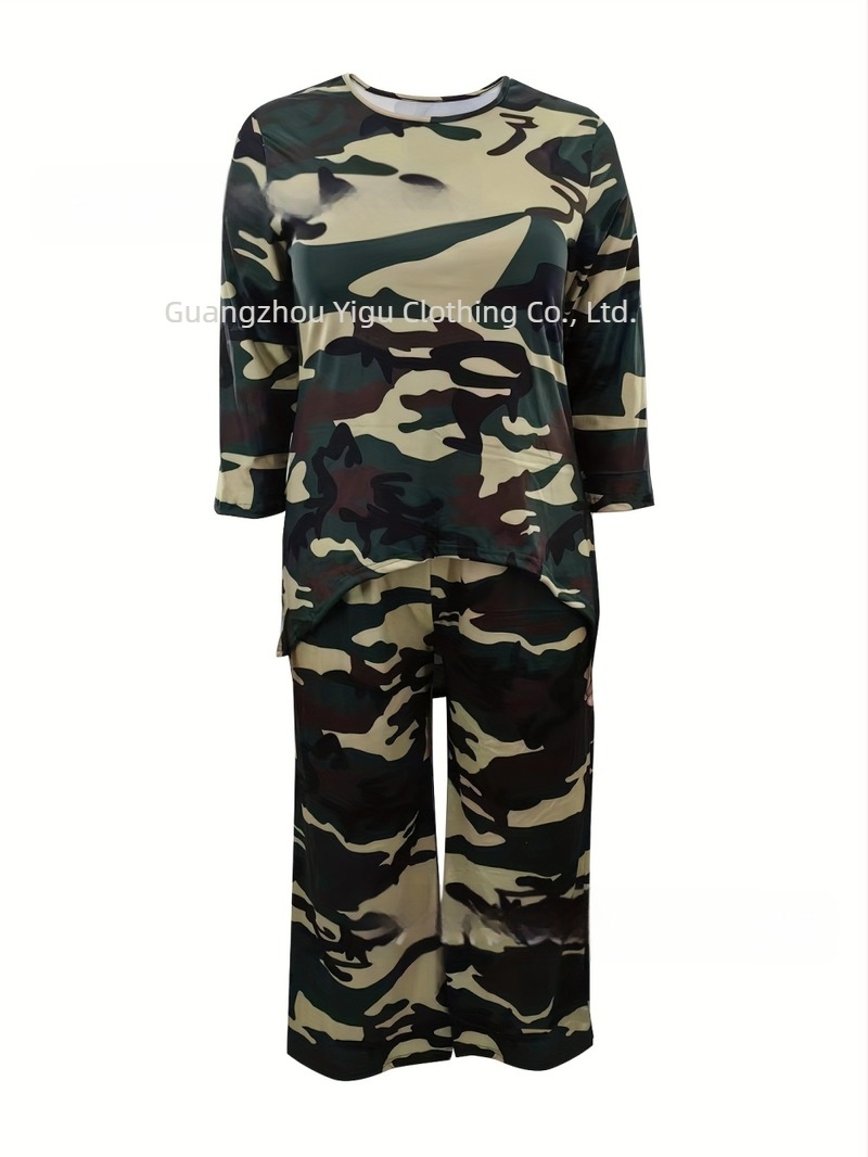 Costum casual Plus Size pentru femei, set de două piese, cu guler rotund asimetric, scurt față și spate, bluză și pantaloni lejeri