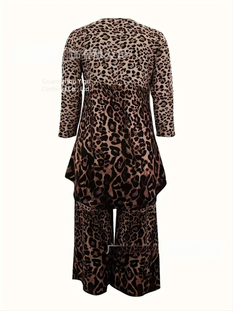 Costum casual Plus Size pentru femei, set de două piese, cu guler rotund asimetric, scurt față și spate, bluză și pantaloni lejeri