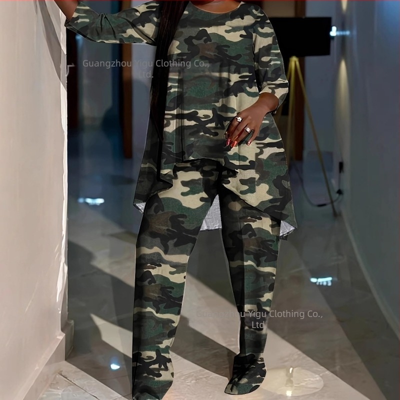 Costum casual Plus Size pentru femei, set de două piese, cu guler rotund asimetric, scurt față și spate, bluză și pantaloni lejeri