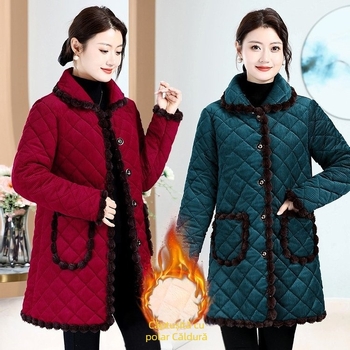 Haină de toamnă și de iarnă pentru mame, căptușită cu fleece, îngroșată, cu flori, bumbac, căptușită, plus mărime, haine de iarnă pentru femei în vârstă, haine de bumbac, căptușite, purtatoare exterioară de lungime medie, haină de bumbac, căptușită