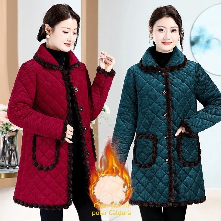 Haină de toamnă și de iarnă pentru mame, căptușită cu fleece, îngroșată, cu flori, bumbac, căptușită, plus mărime, haine de iarnă pentru femei în vârstă, haine de bumbac, căptușite, purtatoare exterioară de lungime medie, haină de bumbac, căptușită