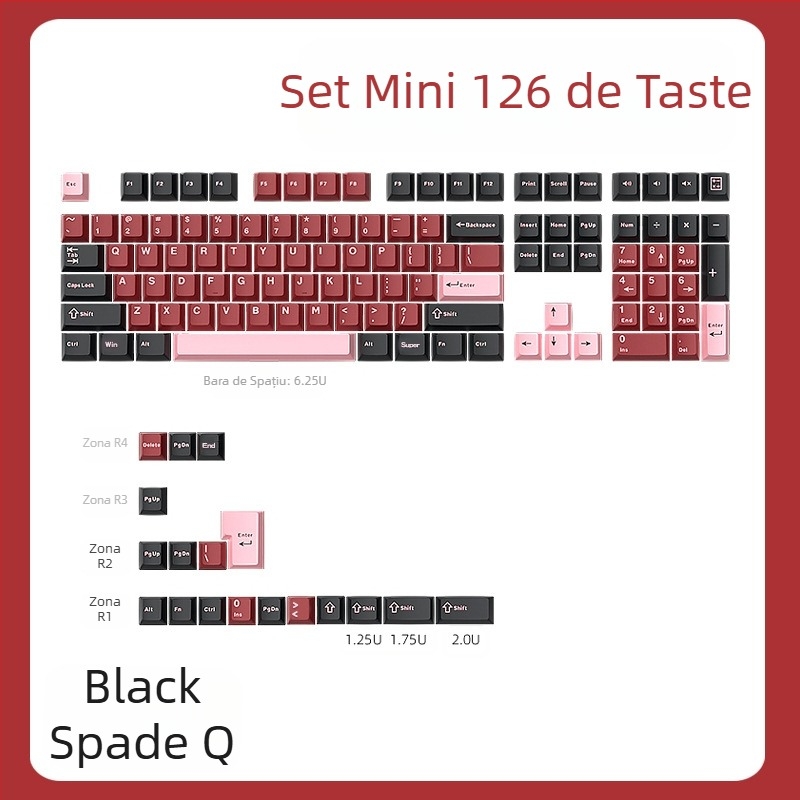 Capac cheie Cloud Lake Spades Q Macaron, set complet mic, cu 126 de taste, injecție bicoloră, rezistent la uzură și durabil