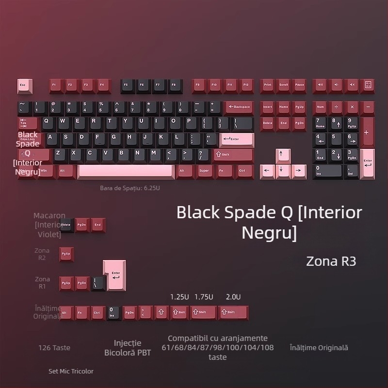 Capac cheie Cloud Lake Spades Q Macaron, set complet mic, cu 126 de taste, injecție bicoloră, rezistent la uzură și durabil