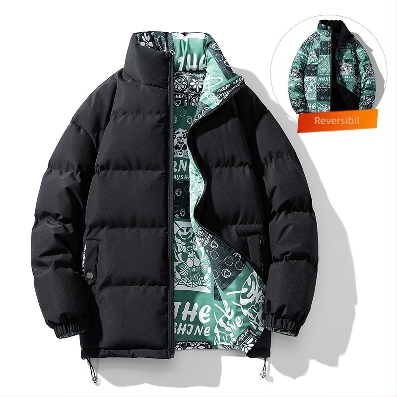 Jachetă de iarnă pentru bărbați, căptușită cu bumbac, îngroșată, căptușită cu bumbac, purtată față-verso, culoare solidă, guler înalt, jachetă căptușită cu bumbac, îmbrăcăminte caldă cu pâine, flori de caju