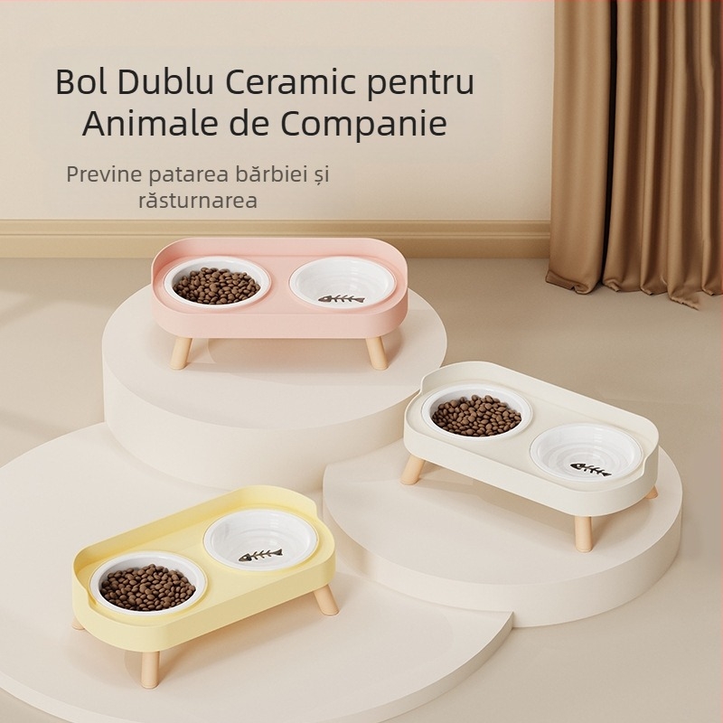 Bol pentru pisici, bol dublu din ceramică, bol pentru câini, bol din oțel inoxidabil, bazin pentru hrană pentru pisici, protecție pentru coloana cervicală, anti-răsturnare, anti-stropire, bol pentru hrană pentru pisici și câini, bol cu apă