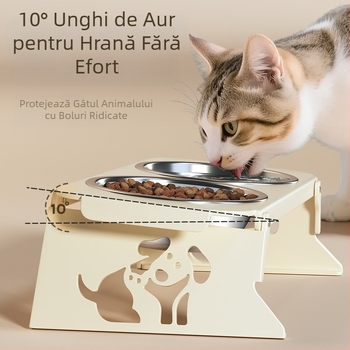 Bol din oțel inoxidabil pentru animale de companie, bol dublu pliabil, bol pentru hrană pentru câini mici, bol special cu protecție sporită pentru gât pentru a preveni răsturnarea bolului cu apă pentru pisici