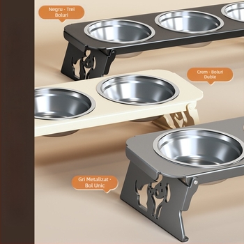 Bol din oțel inoxidabil pentru animale de companie, bol dublu pliabil, bol pentru hrană pentru câini mici, bol special cu protecție sporită pentru gât pentru a preveni răsturnarea bolului cu apă pentru pisici