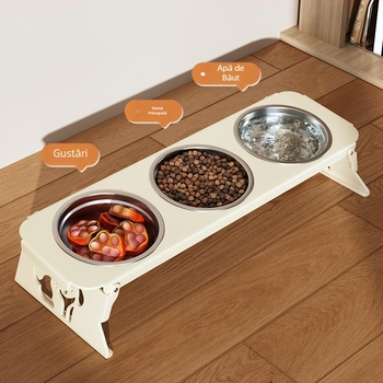 Bol din oțel inoxidabil pentru animale de companie, bol dublu pliabil, bol pentru hrană pentru câini mici, bol special cu protecție sporită pentru gât pentru a preveni răsturnarea bolului cu apă pentru pisici