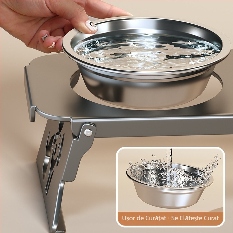 Bol din oțel inoxidabil pentru animale de companie, bol dublu pliabil, bol pentru hrană pentru câini mici, bol special cu protecție sporită pentru gât pentru a preveni răsturnarea bolului cu apă pentru pisici