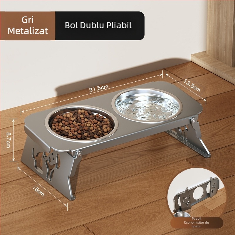 Bol din oțel inoxidabil pentru animale de companie, bol dublu pliabil, bol pentru hrană pentru câini mici, bol special cu protecție sporită pentru gât pentru a preveni răsturnarea bolului cu apă pentru pisici
