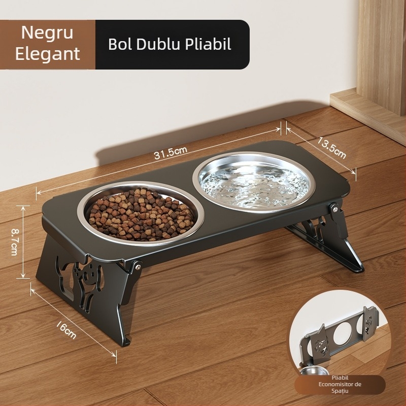 Bol din oțel inoxidabil pentru animale de companie, bol dublu pliabil, bol pentru hrană pentru câini mici, bol special cu protecție sporită pentru gât pentru a preveni răsturnarea bolului cu apă pentru pisici