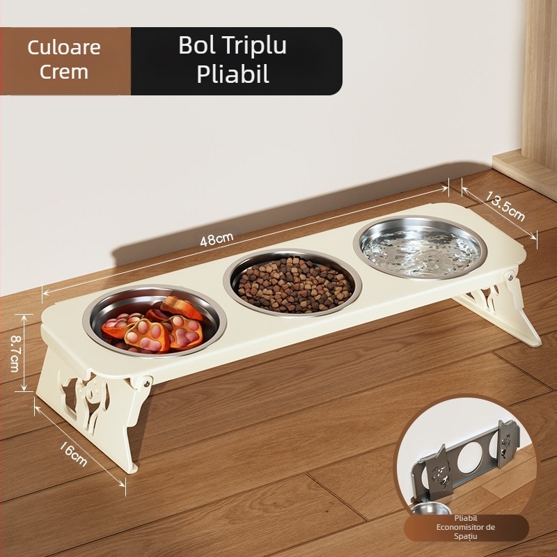 Bol din oțel inoxidabil pentru animale de companie, bol dublu pliabil, bol pentru hrană pentru câini mici, bol special cu protecție sporită pentru gât pentru a preveni răsturnarea bolului cu apă pentru pisici