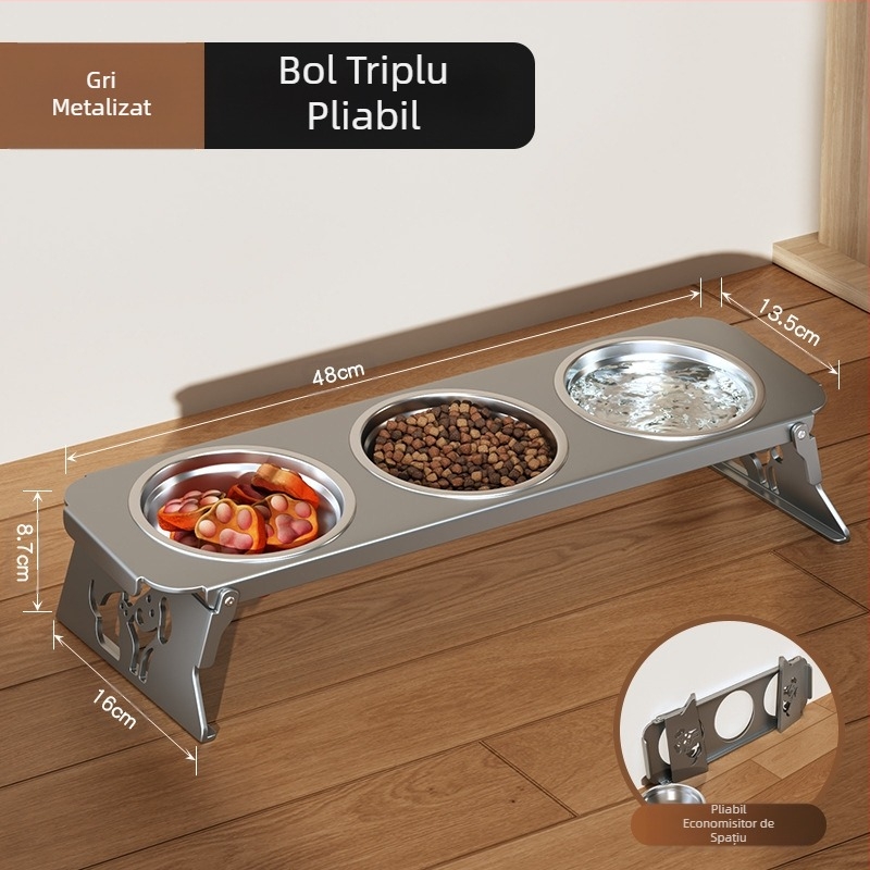 Bol din oțel inoxidabil pentru animale de companie, bol dublu pliabil, bol pentru hrană pentru câini mici, bol special cu protecție sporită pentru gât pentru a preveni răsturnarea bolului cu apă pentru pisici