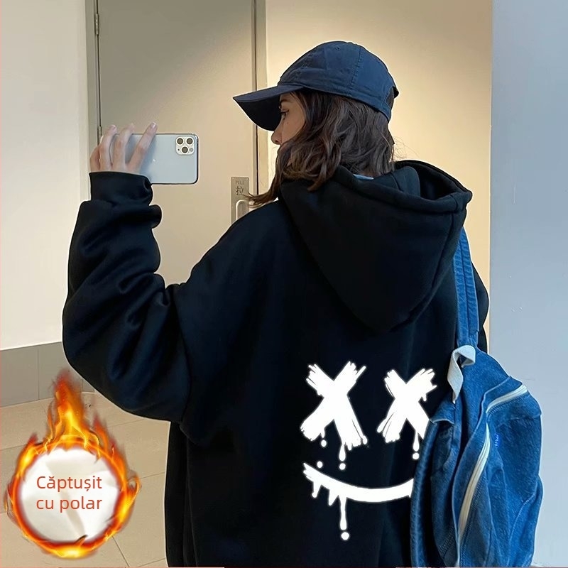 Smiley Hanorac Bărbați Toamna și Iarna Nou Cu Capac Din Fleece Haine La Modă ins Loose Casual Cuplu Pullover Jachetă