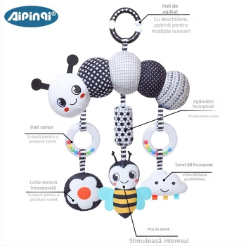 Aipinqi nou puzzle pentru bebeluși 0-3 ani, confort, mașină agățată, clopoțel de vânt cu animale alb-negru, jucării de pluș agățate pentru mașini pentru bebeluși, jucării de pluș